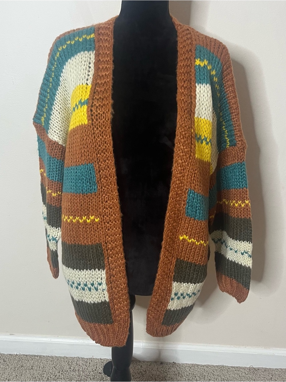 Love Culture Women’s Chunky Hand Knit Brown Teal Yellow Cardigan Sweater Sz M/L